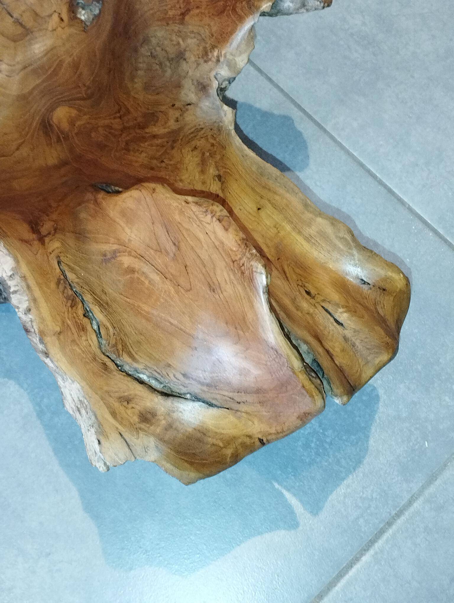 Sculptural wooden centrepiece, organic bowl, brutalist.