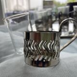 6 small glasses in their silver metal holder, with handle