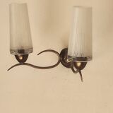 Two-light wall sconce in gilded metal with opaque glass shades, 1950/1960