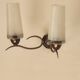 Two-light wall sconce in gilded metal with opaque glass shades, 1950/1960