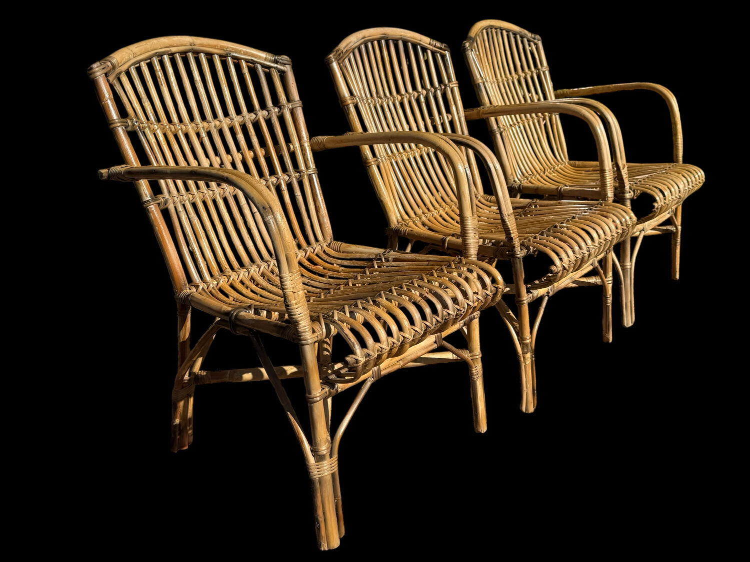 Set of 3 rattan armchairs from the 1970s France