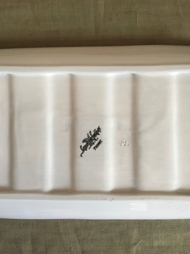 Asparagus dish and its blue spatula, Sarreguemines 1930