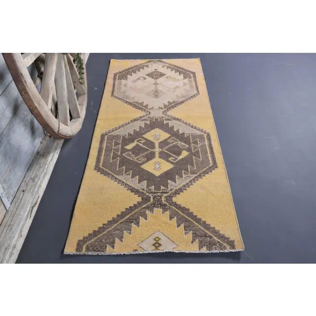 Vintage Turkish Hand-Knotted Wool Cotton Yellow Runner Rug 81x204