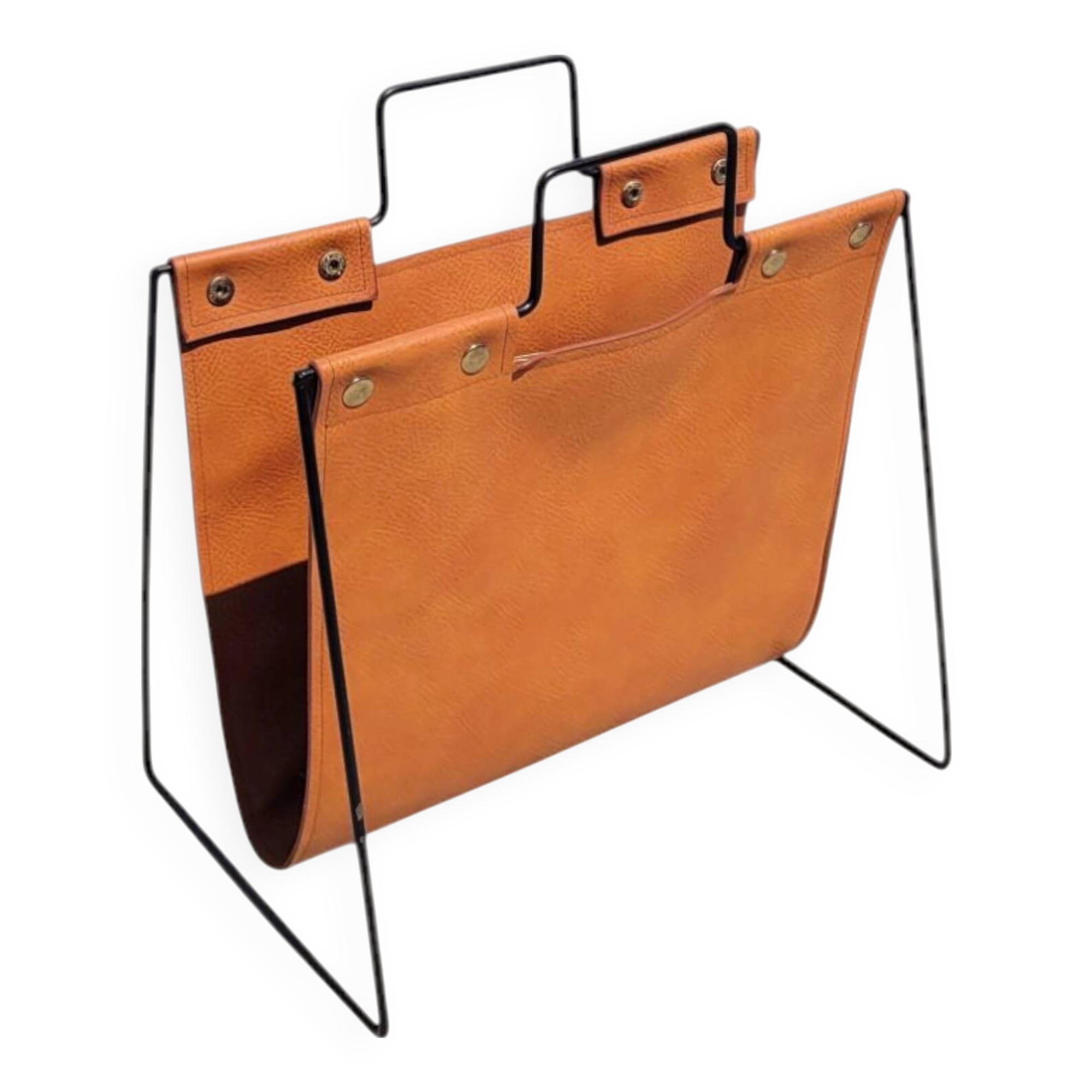 Magazine rack in tan leather and black metal