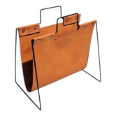 Magazine rack in tan leather and black metal
