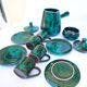 Teapot or chocolatier, its sugar bowl and its 4 cups of Italian ceramic Cerasarda