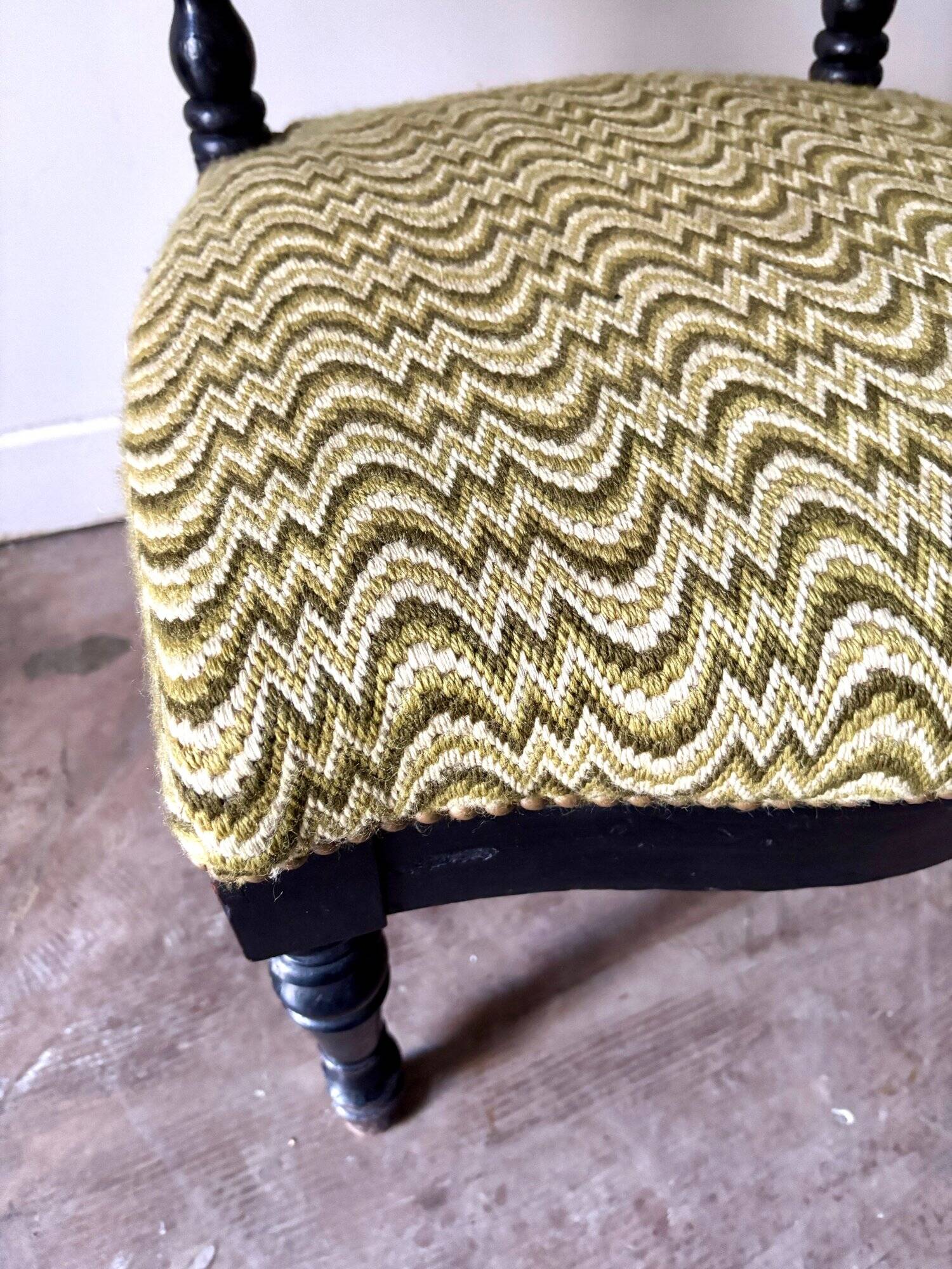 Black turned wood and green wool chair