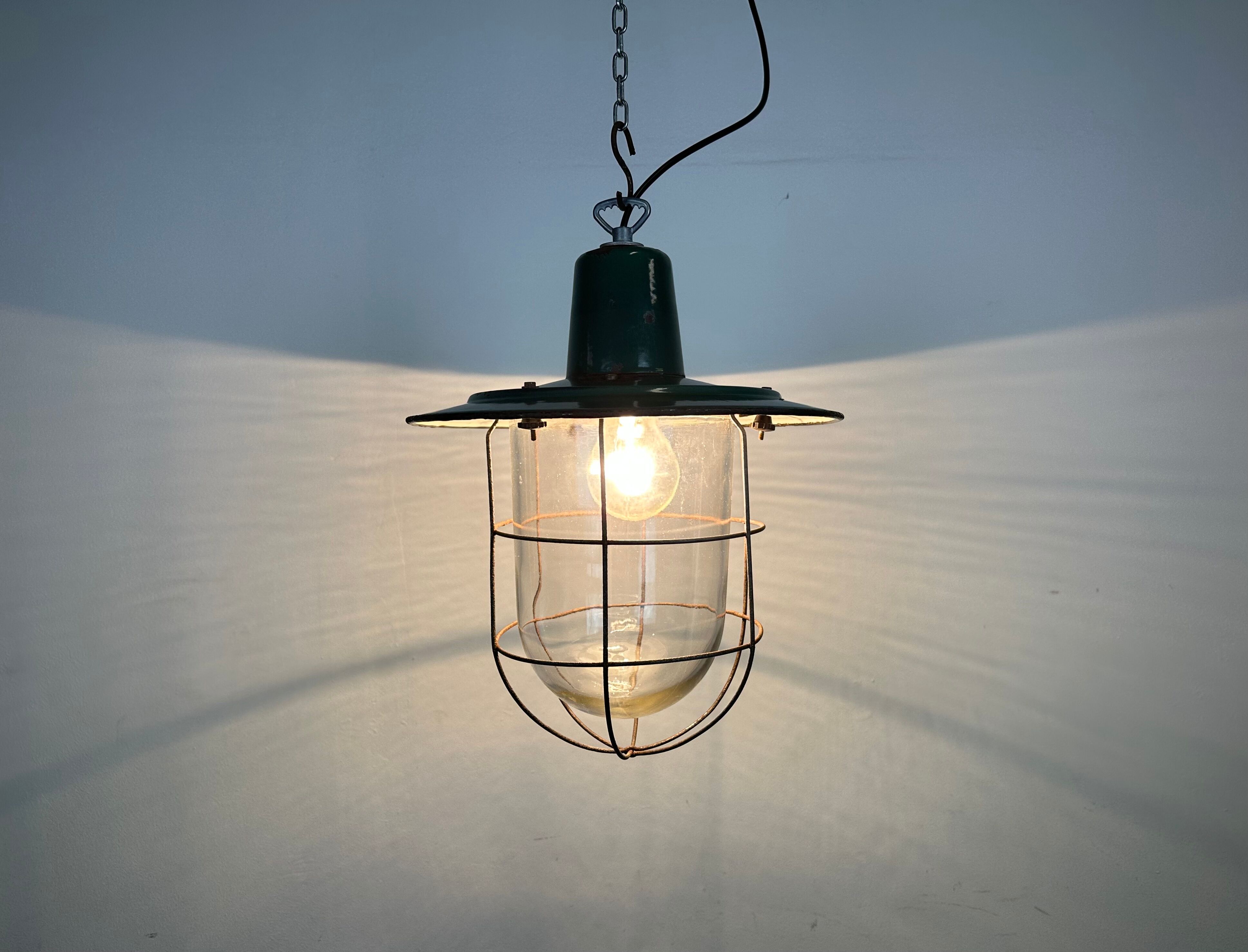 Industrial green enamel cage pendant light, 1960s