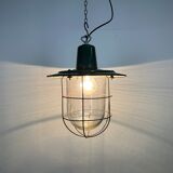 Industrial green enamel cage pendant light, 1960s