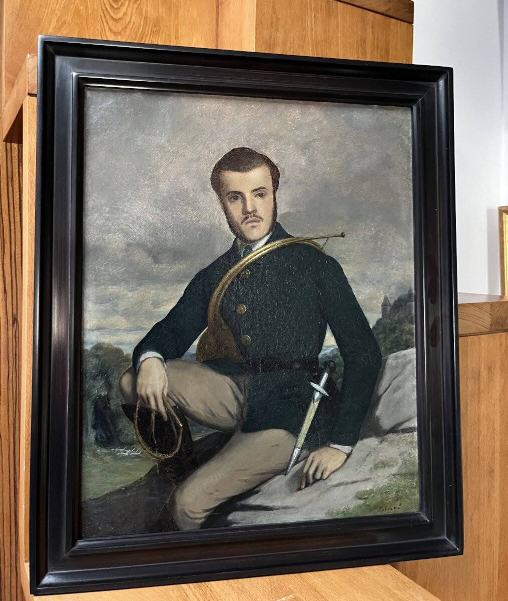 French school early 20th century, Portrait of a hunter, oil on canvas signed