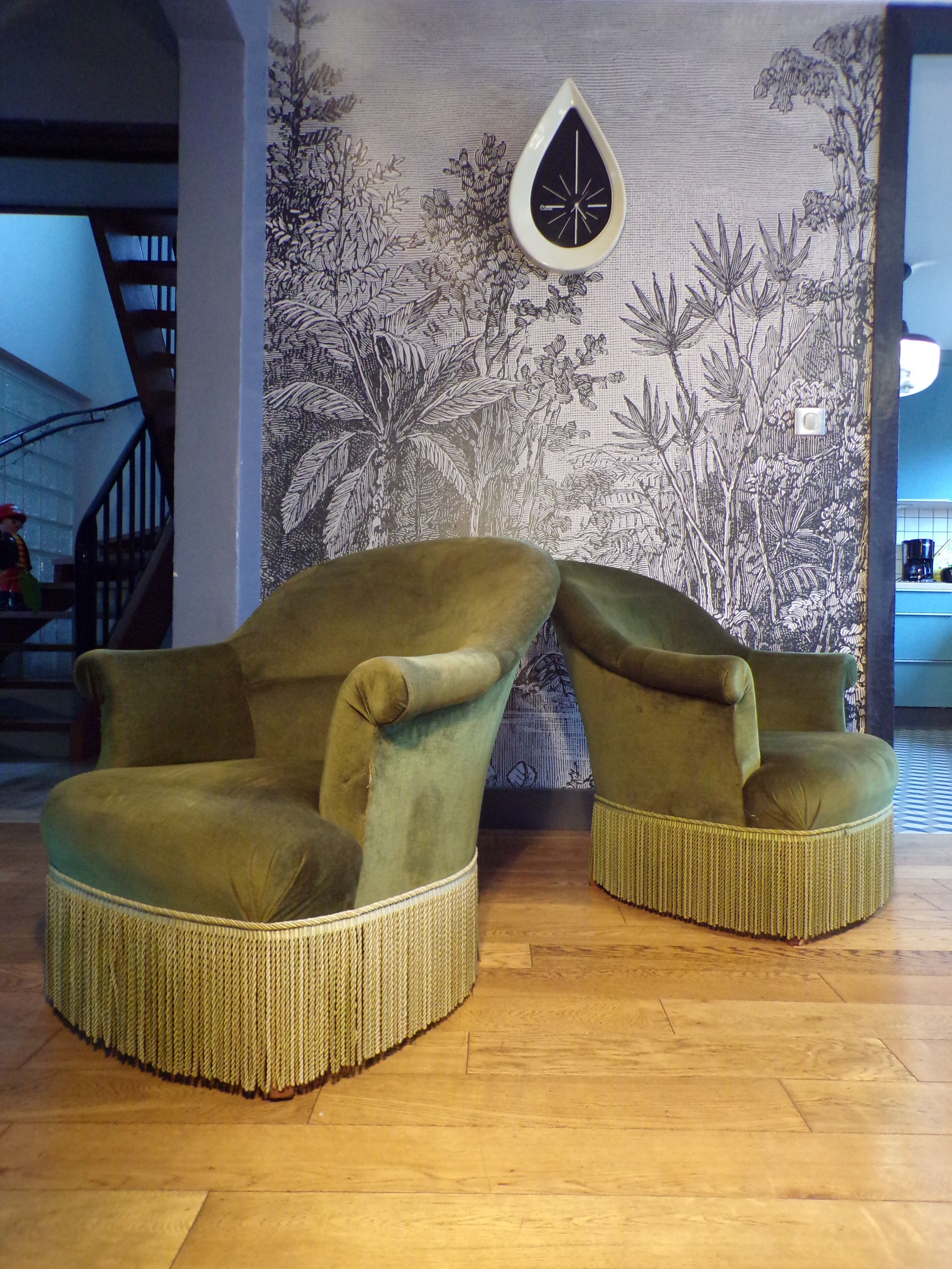 Pair of green velvet toad armchairs