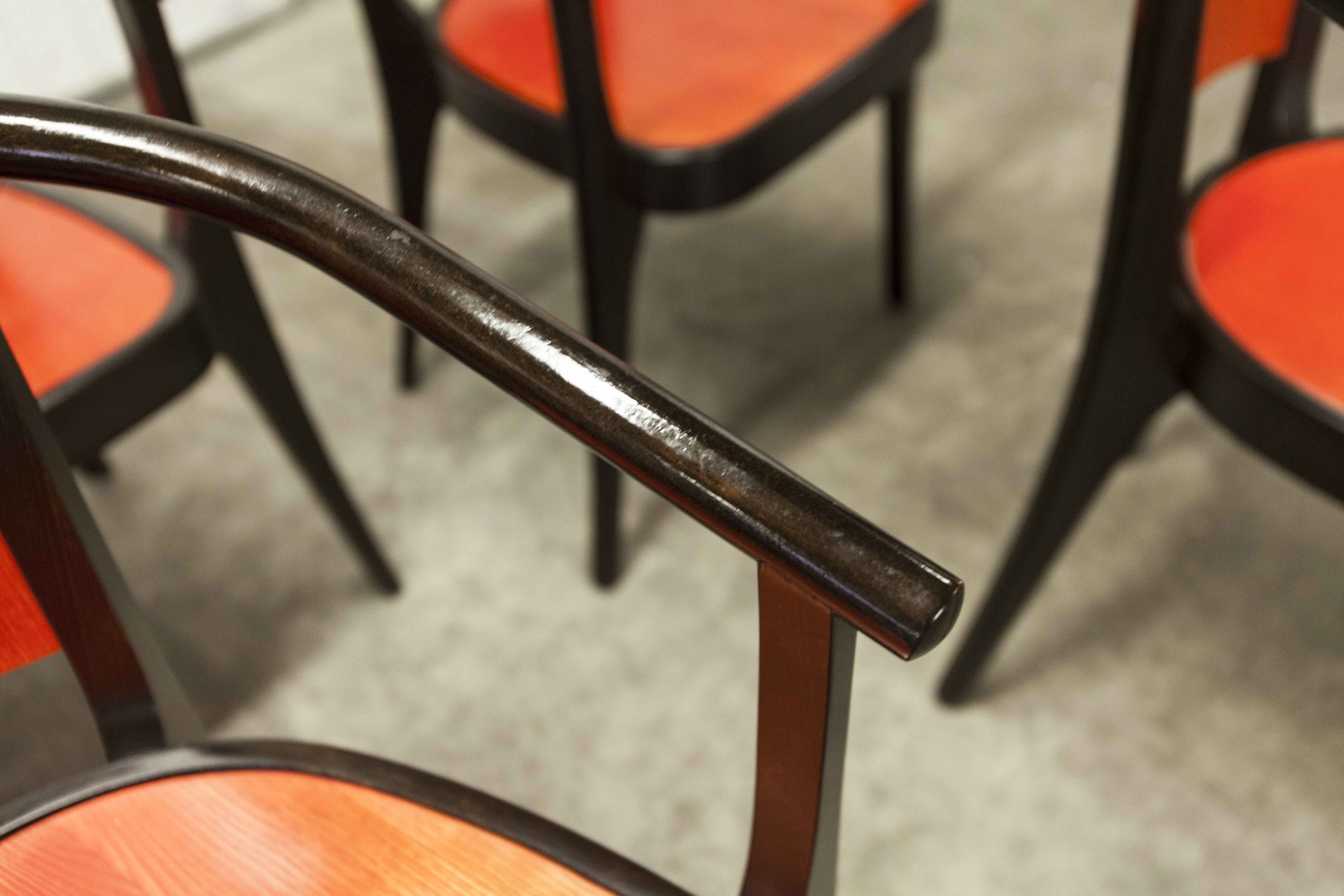 Table and 6 armchairs Baumann Diese, design Pagnon Pelhaître, Wenge color and red,