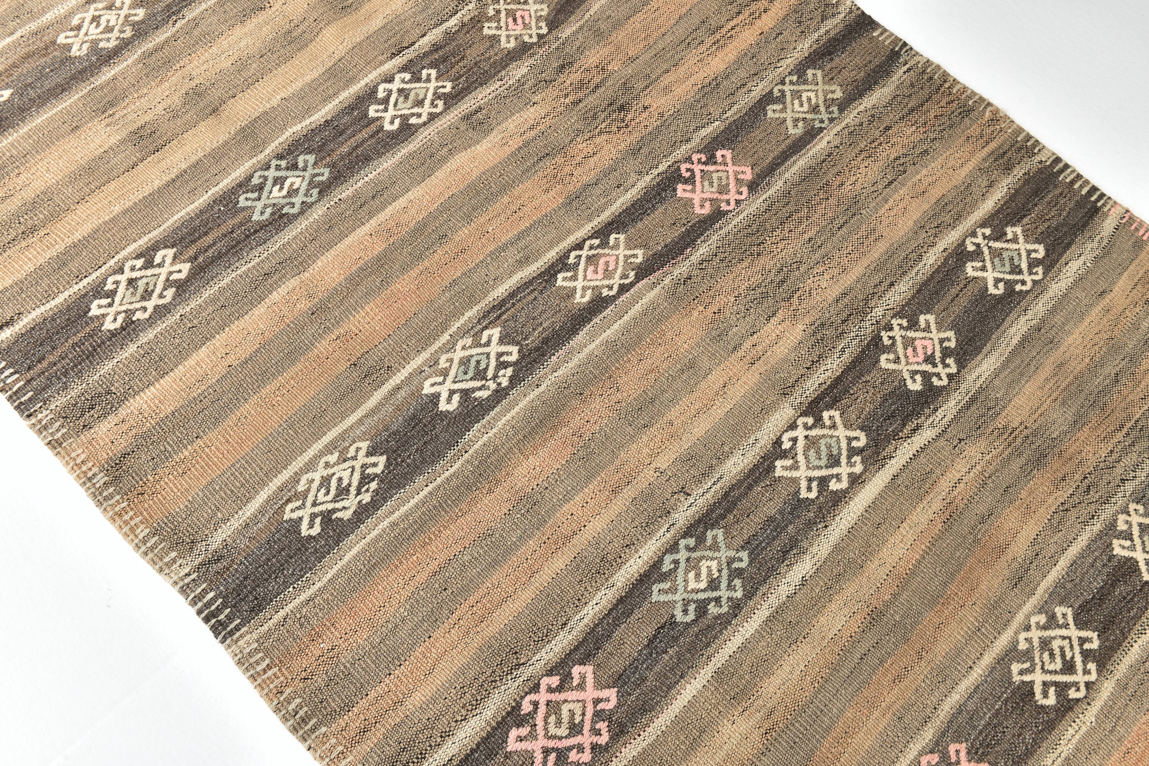 3x12 Brown Mustard Turkish Kilim Runner Rug 101x353Cm