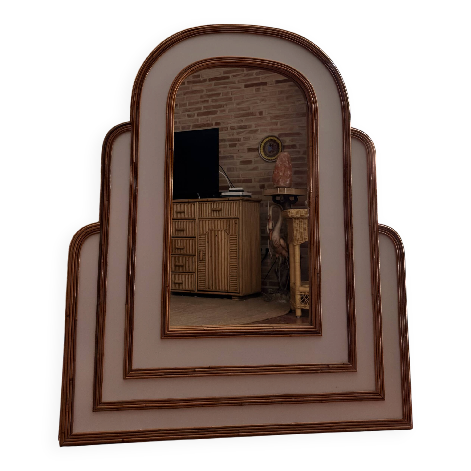 Miroir monumental Hollywood Regency tropical en canne de bambou, atr