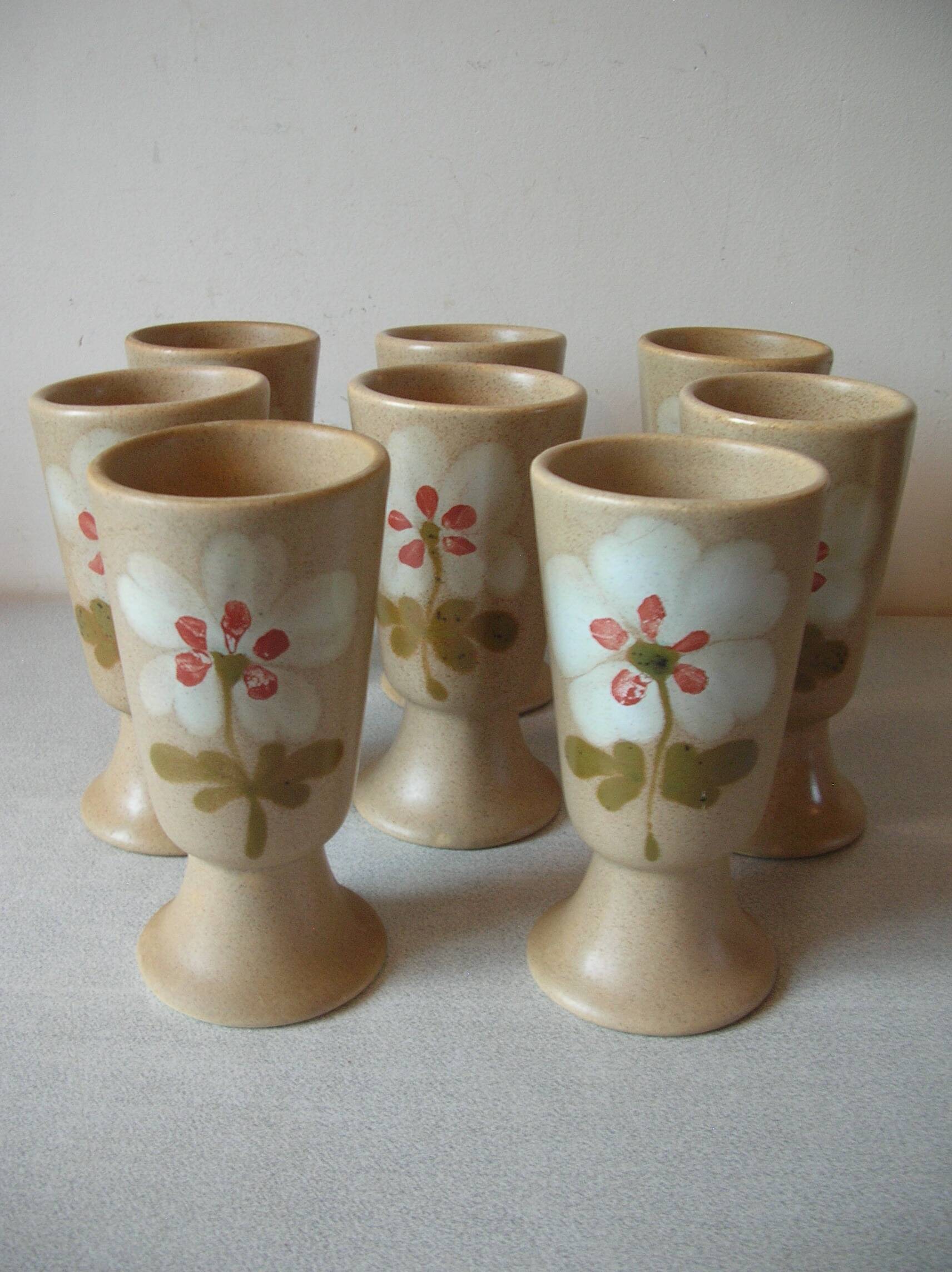 Old 8 mazagrans coffee service in stoneware with floral flower decoration 14 cm kitchen decor