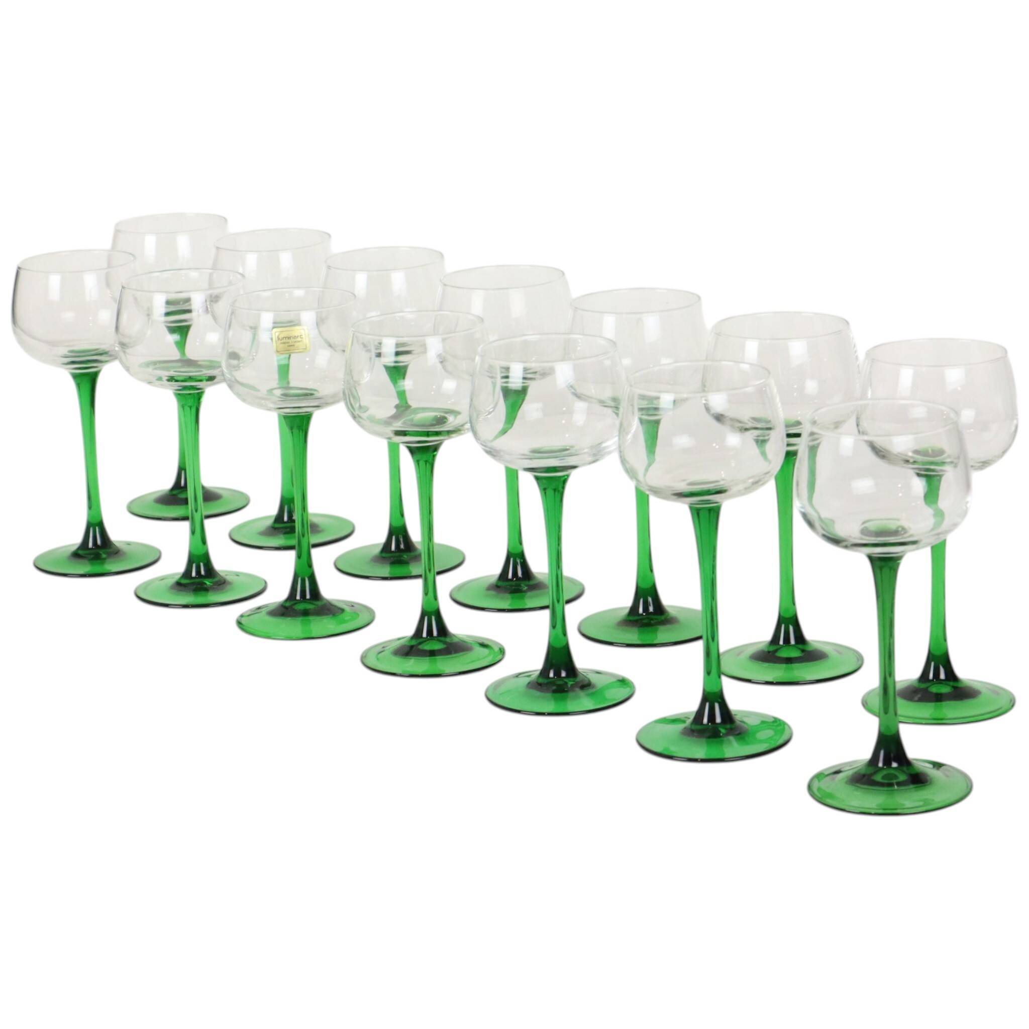 Ensemble de 14 verres à vin vintage Luminarc Alsace avec tiges vertes étroites.