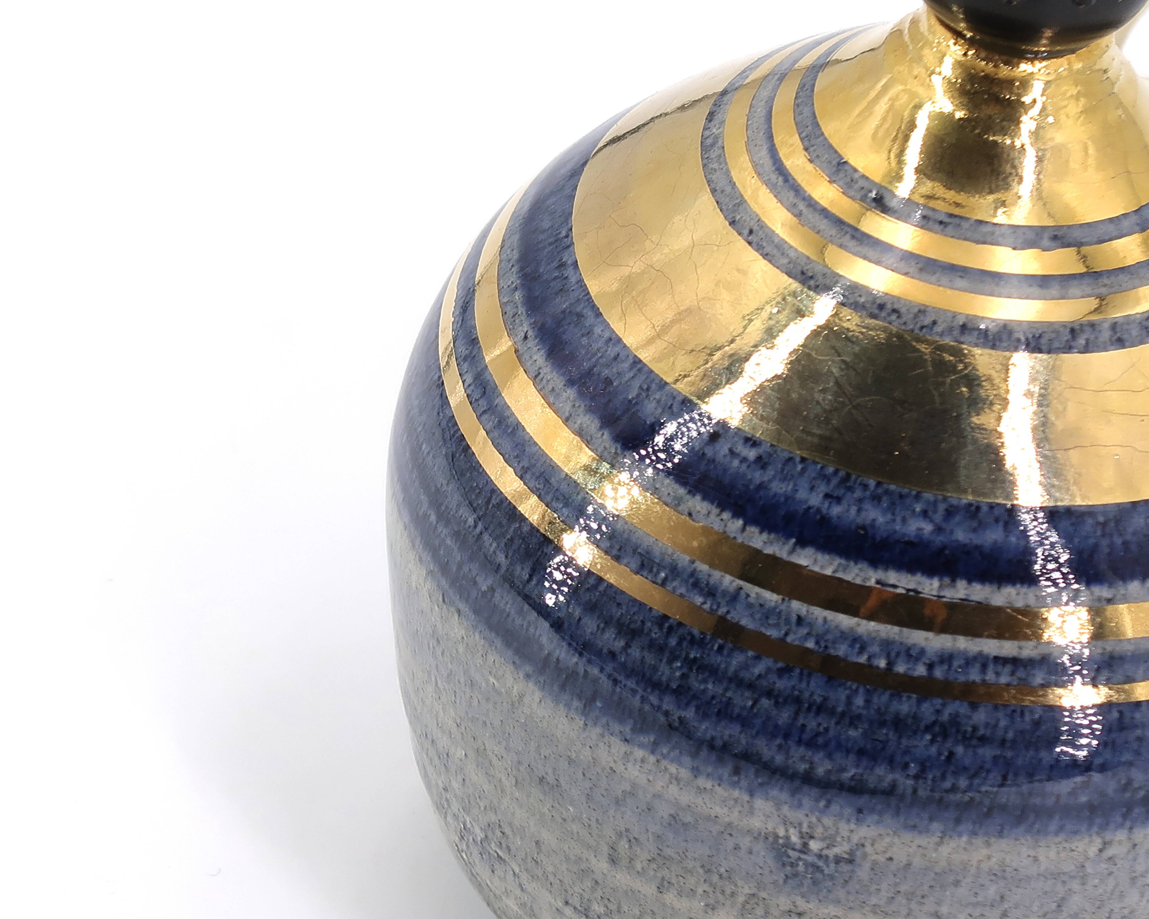 Blue and gold ceramic lamp by Georges Pelletier, raffia lampshade