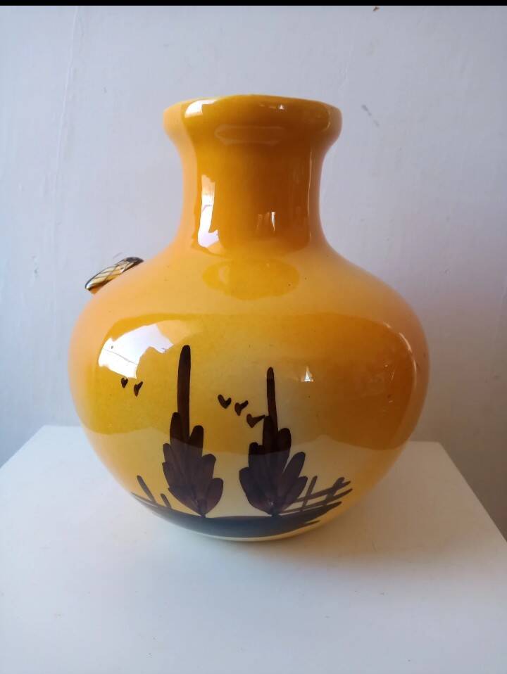 Vintage Craft Vase 'Country Scene' - Glossy Ochre Yellow Enamel