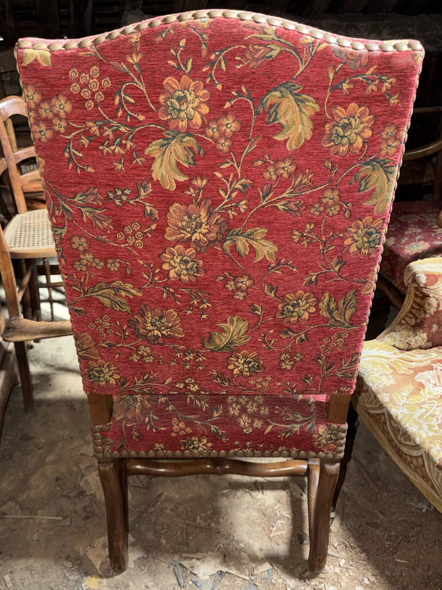 Pair of antique wooden armchairs – floral fabric + matching cushion