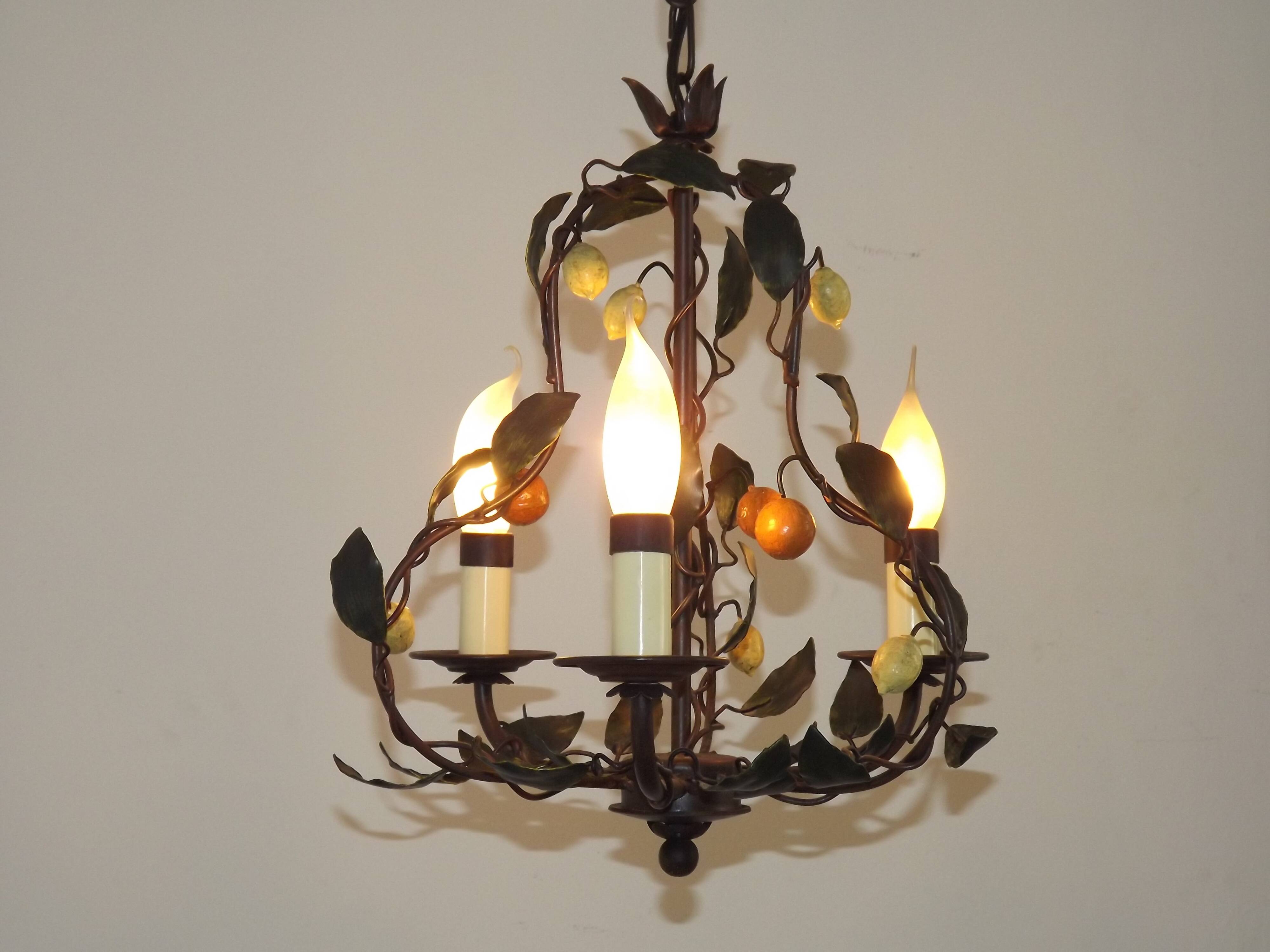 Lustre français à 3 lumières, brun clair, avec feuilles vertes, citrons et oranges 5473