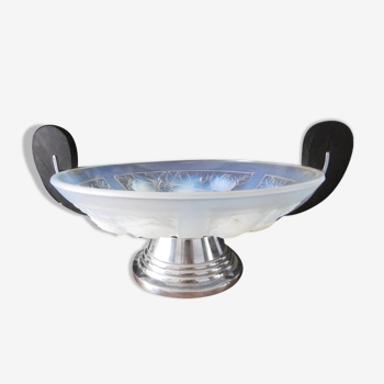 Rare art deco 1930 julien bowl on foot and with opalescent chrome and rosewood glass handles