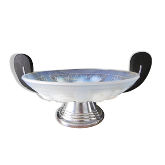 Rare coupe art déco 1930 julien sur pied et à anses en verre opalescent chrome et palissandre