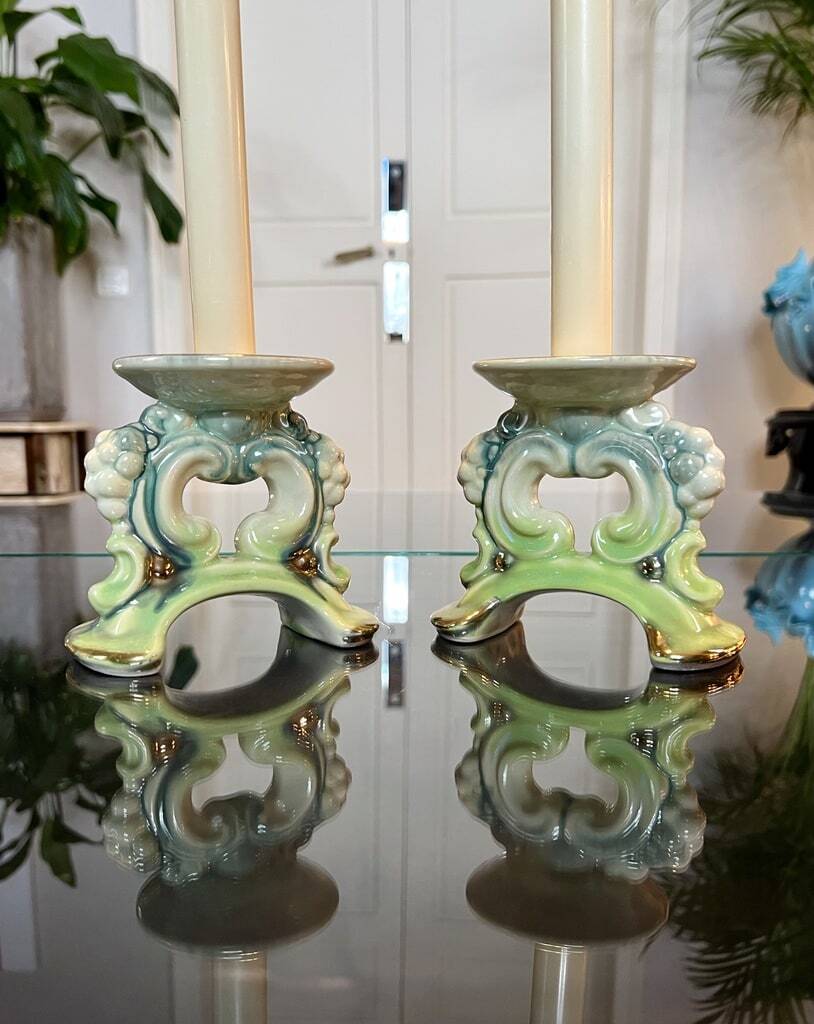 Paire de bougeoirs vintage - faïence céramique verte et bleue - bougies décoration