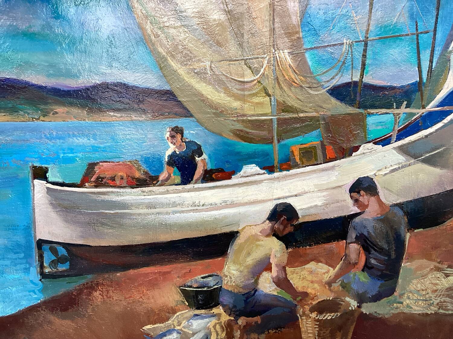 Surrealist oil on canvas Robert Degenève Belgian fishing boats