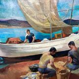 Surrealist oil on canvas Robert Degenève Belgian fishing boats