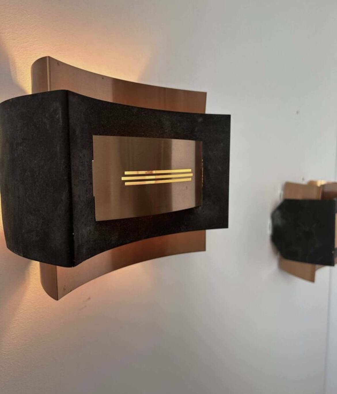 Pair of vintage wall lights, matte black metal and copper, Netherlands 1960