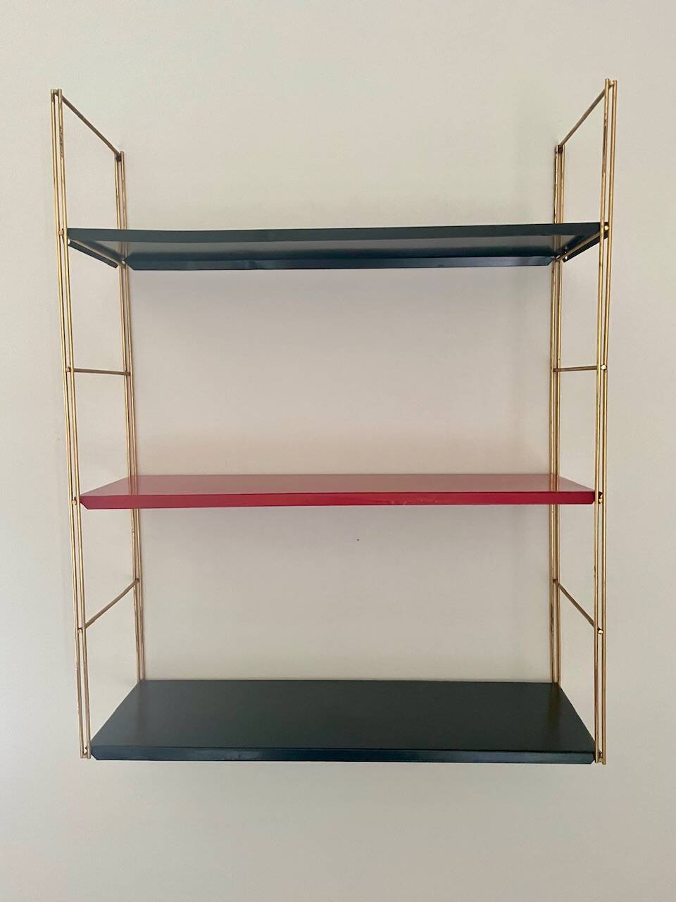 Modular vintage wall shelf, black and red metal circa 1960s
