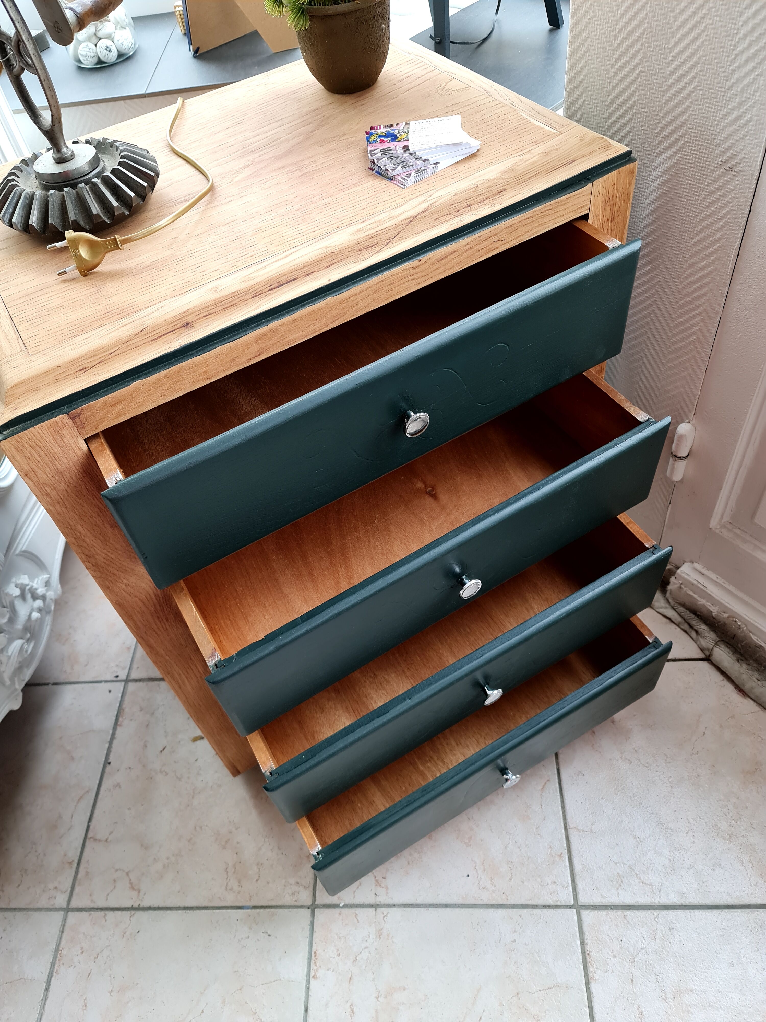 Chest of 4 drawers 40s feet compass raw wood and darjeling color