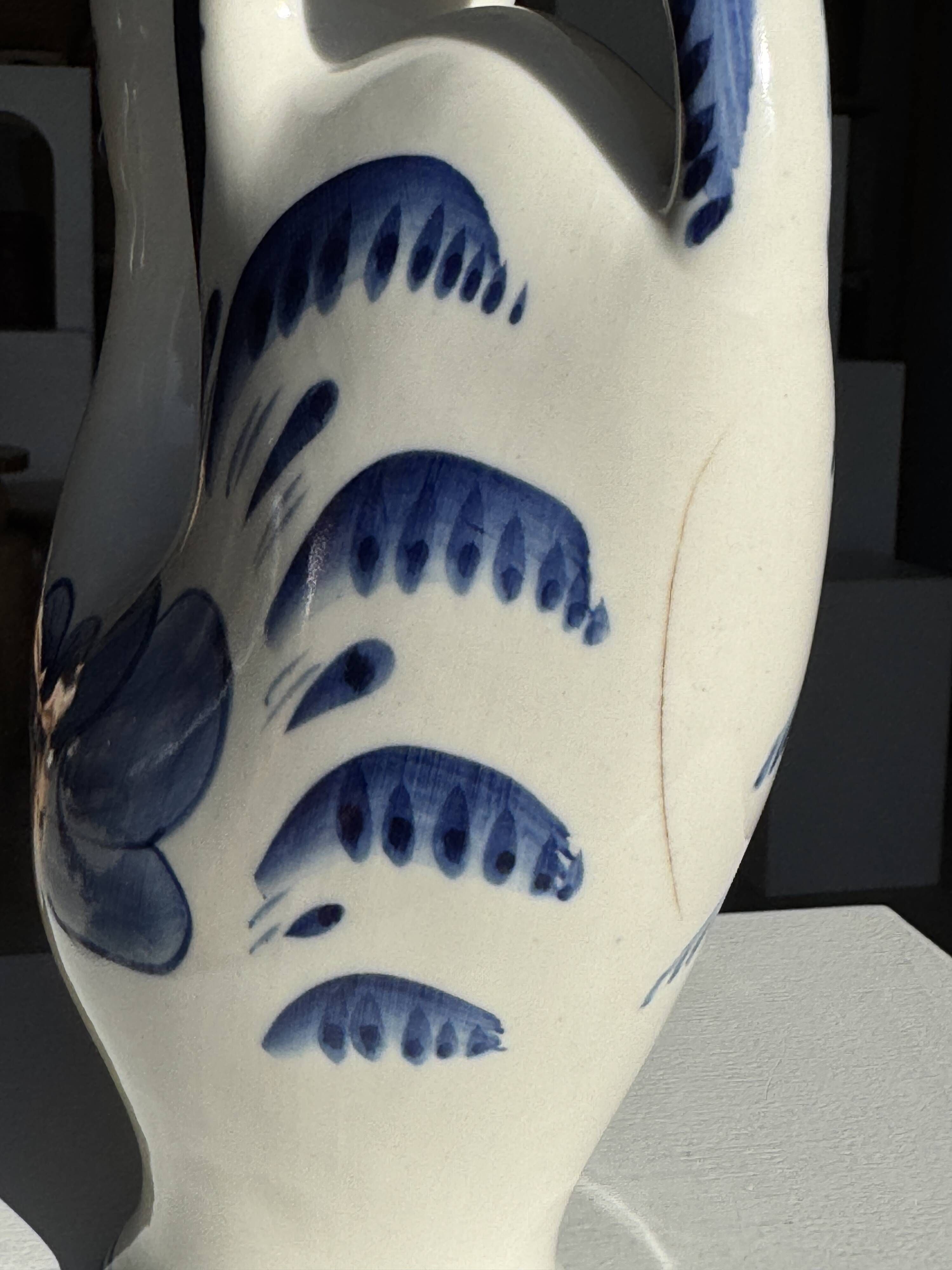 Vintage white ceramic carafe with blue Gjel-style decoration, USSR.