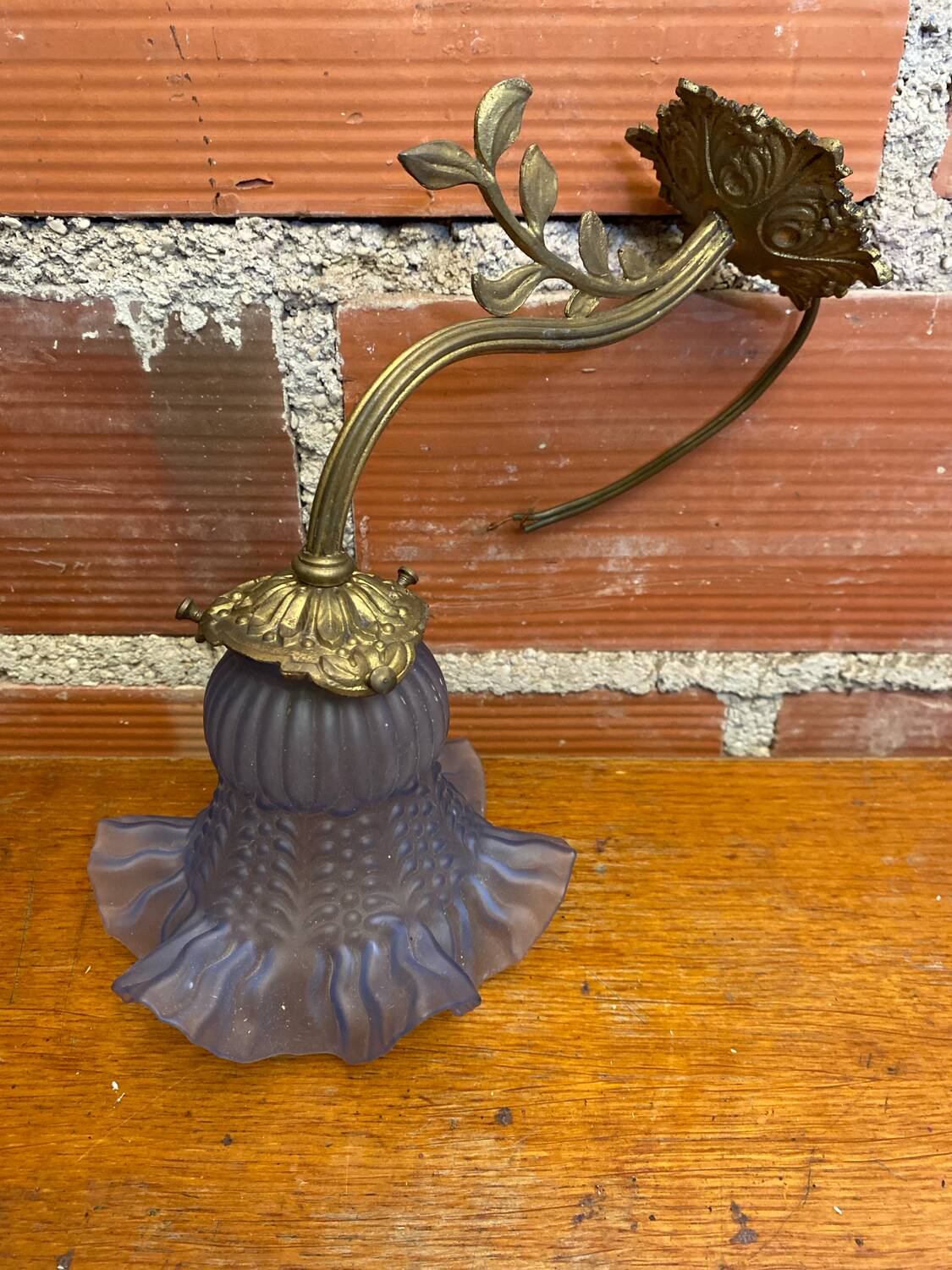 Antique art nouveau gilt bronze wall lamp + vintage blue glass tulip