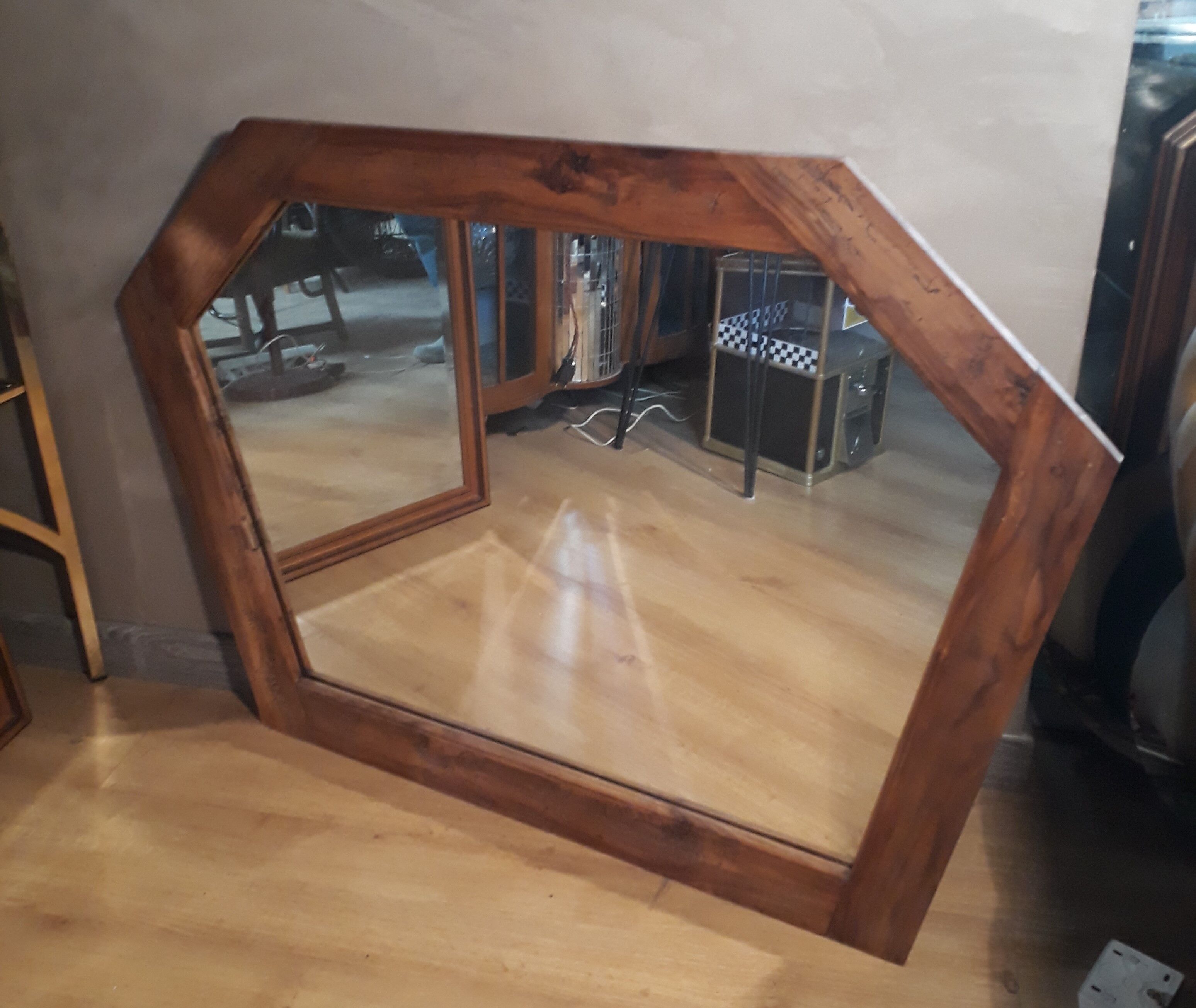 Large asymmetrical mirror fruit wood chevillié 1970 112x83cm