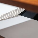 Sidetable with teak top and black and white storage shelves