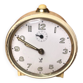 Old jaz alarm clock beige metal + bakelite feet 70s vintage #a382