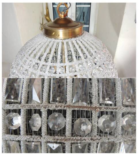 Spherical pendant light with crystal tassels and seed beads / vintage.