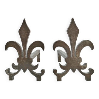 Pair of vintage steel fleur-de-lys andirons