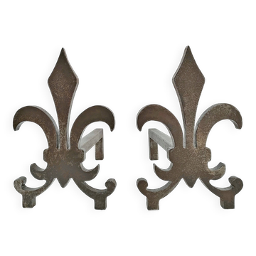 Pair of vintage steel fleur-de-lys andirons