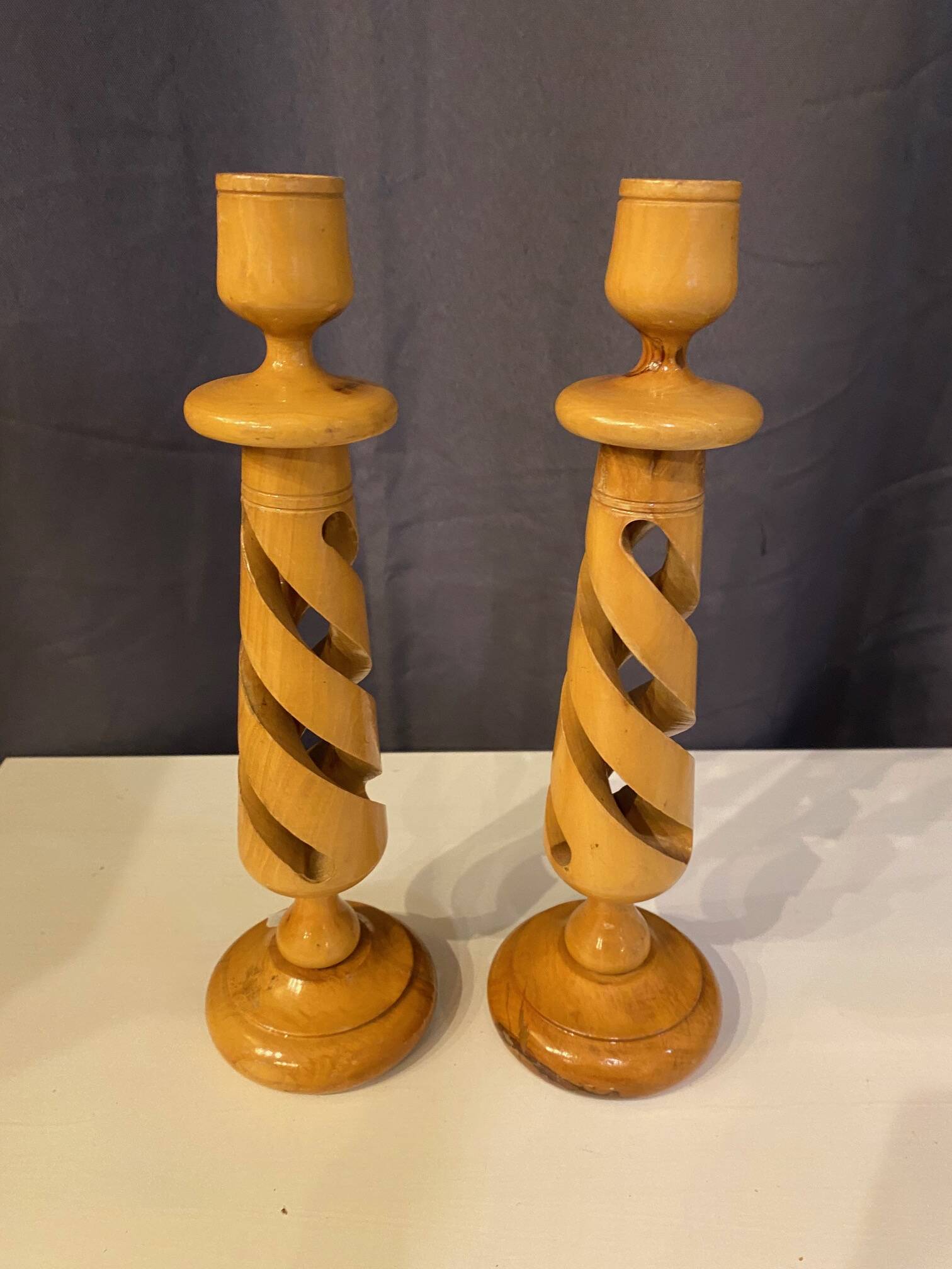 PAIR OF LEMON WOOD CANDLESTICKS CARVED INTO SPIRAL 1970s