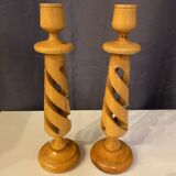 PAIR OF LEMON WOOD CANDLESTICKS CARVED INTO SPIRAL 1970s
