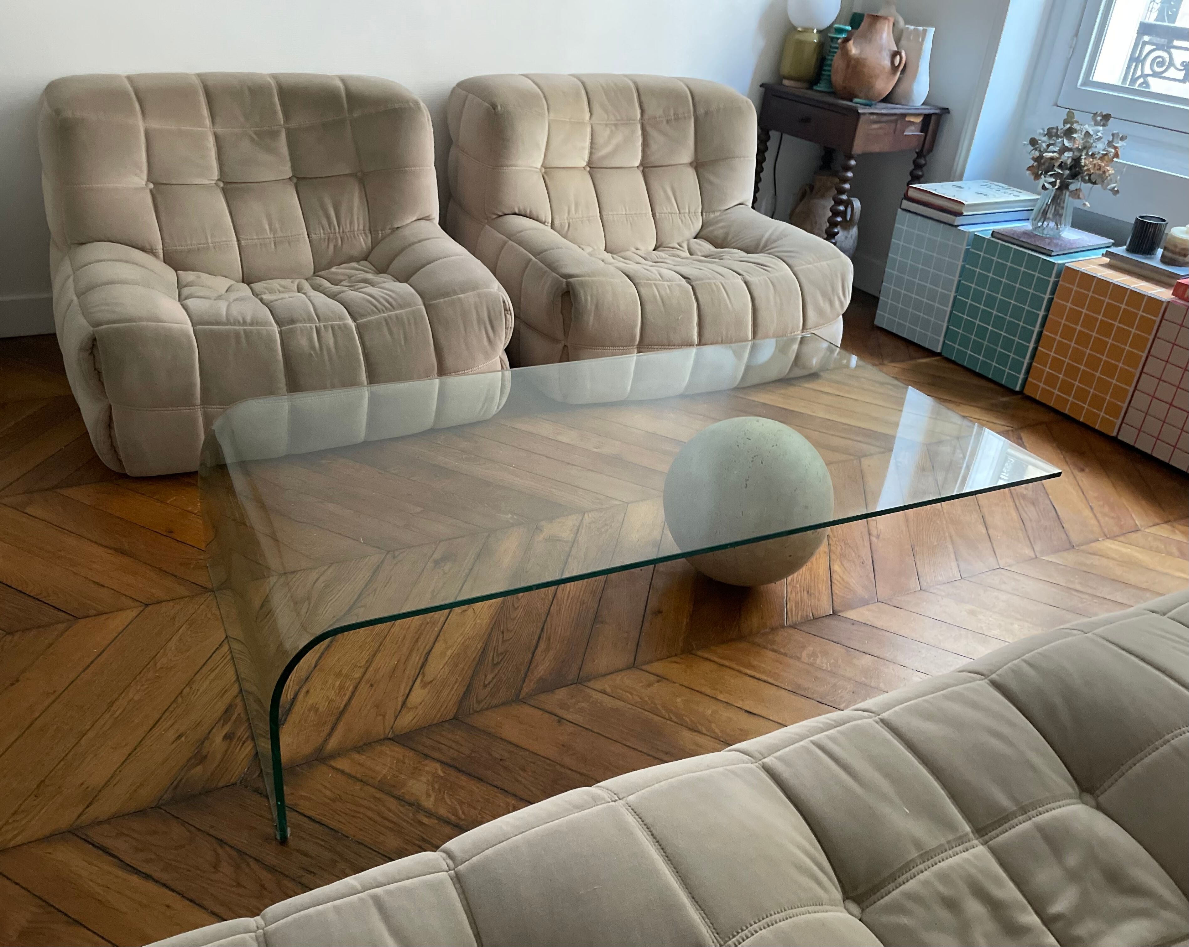 Vintage coffee table Italian design curved glass and travertine