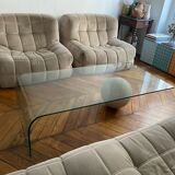 Vintage coffee table Italian design curved glass and travertine