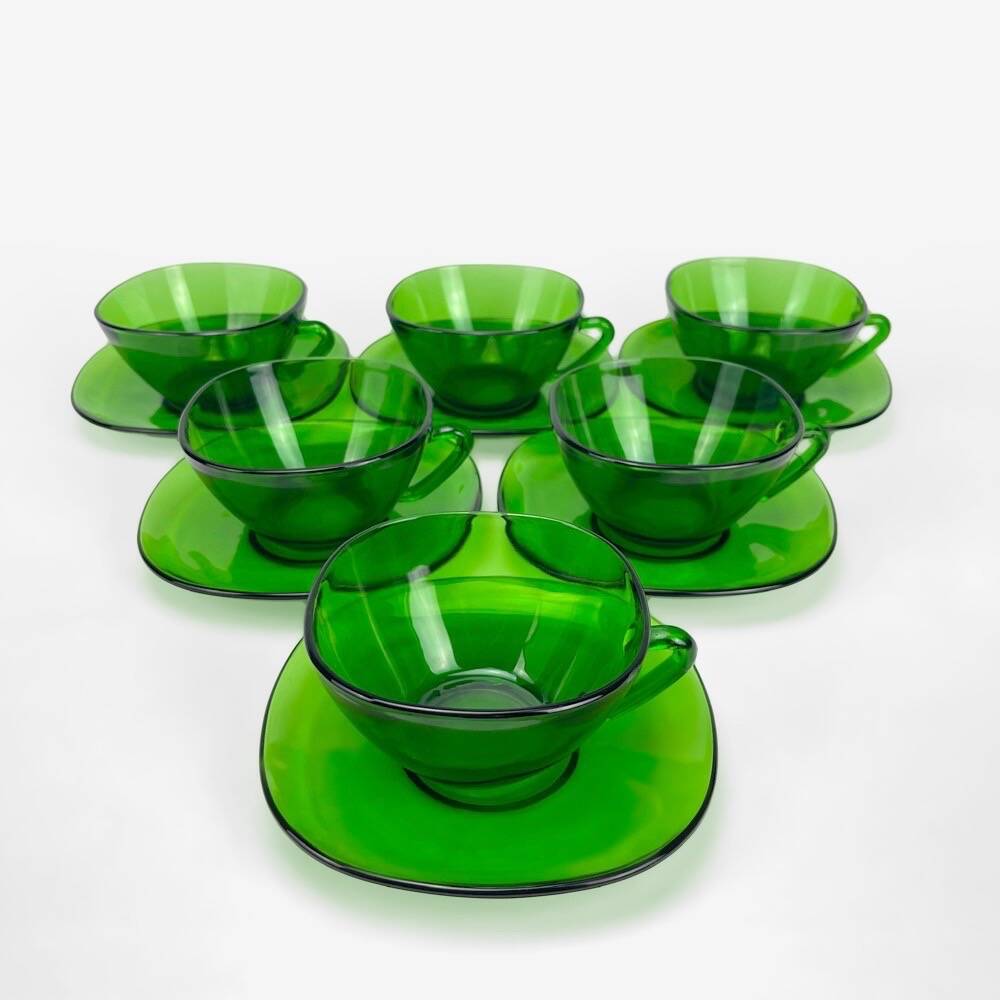 6 Large Vereco cups and saucers emerald green 70s