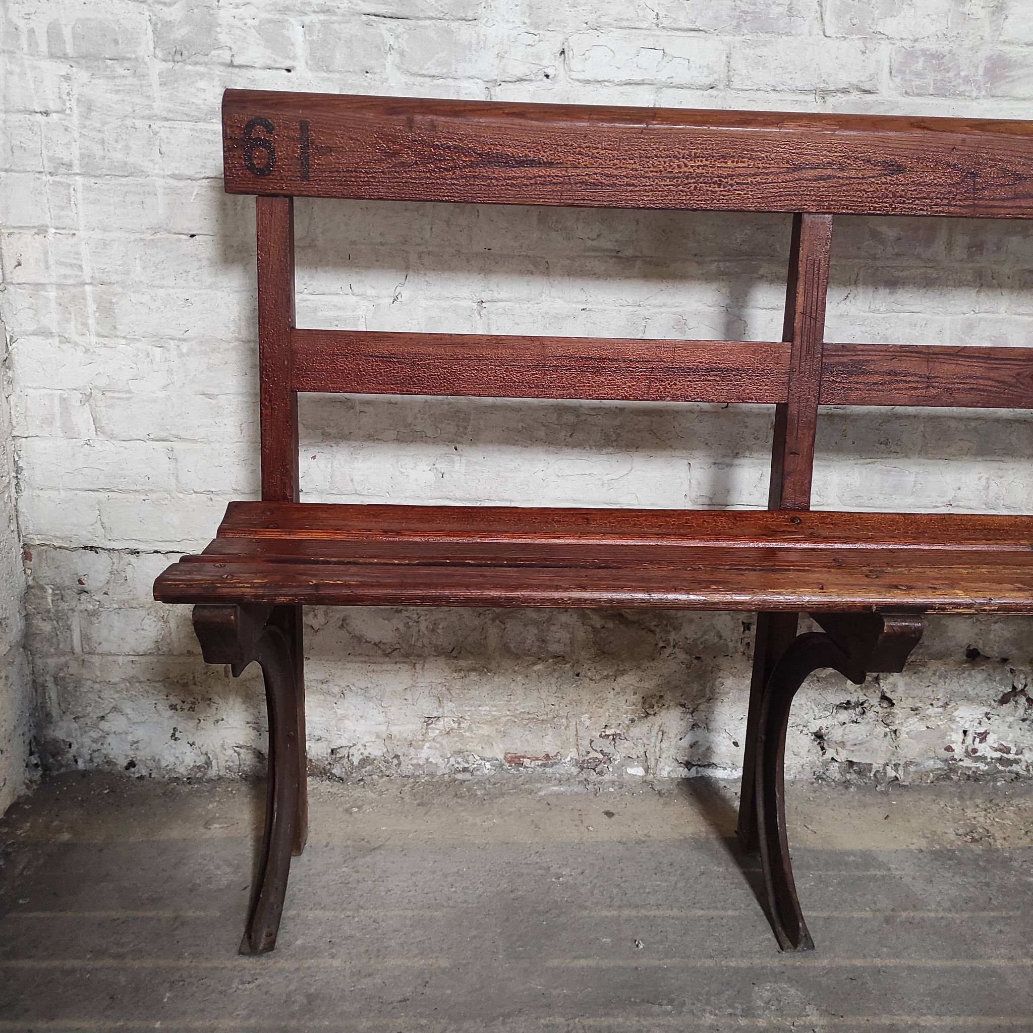 Long Wooden Church Pew | Antique Bench with Cast Iron Details | Seating