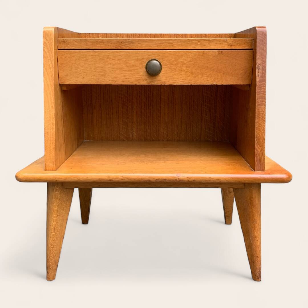 Solid oak compass feet bedside table 1950
