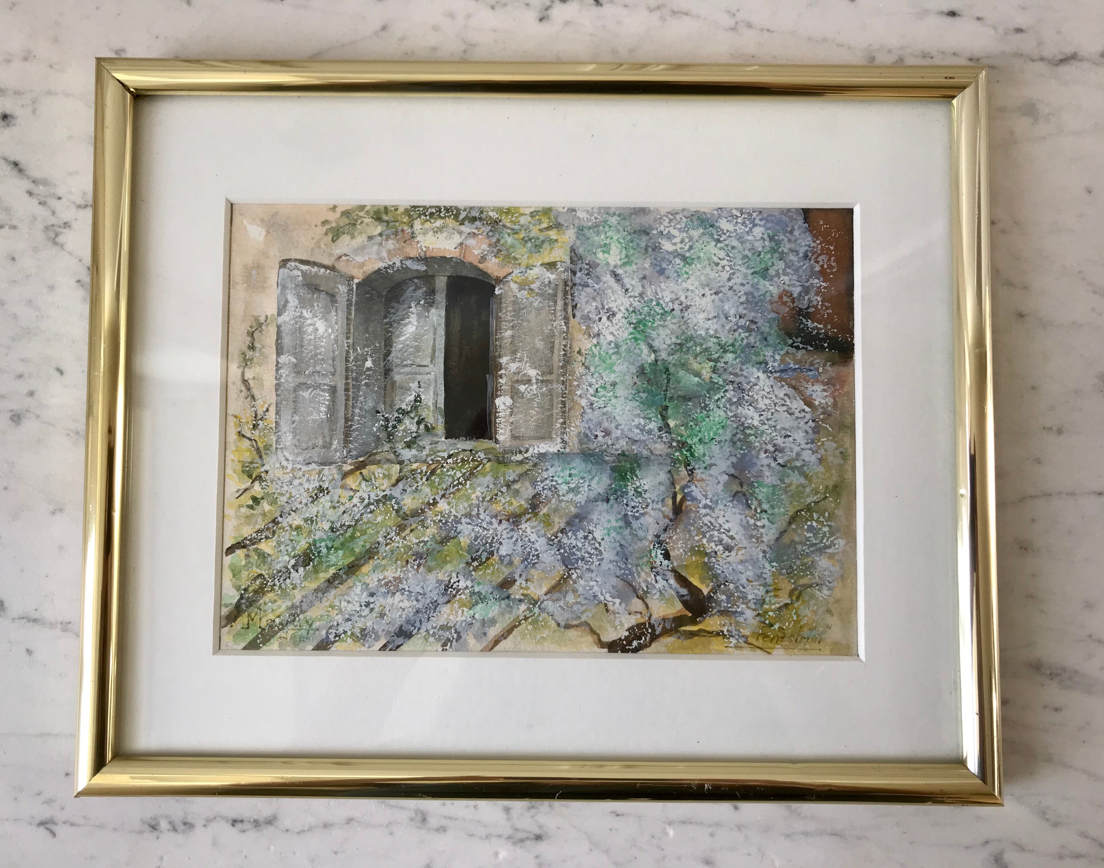 Watercolor "Les Fenestrons" signed and framed vintage