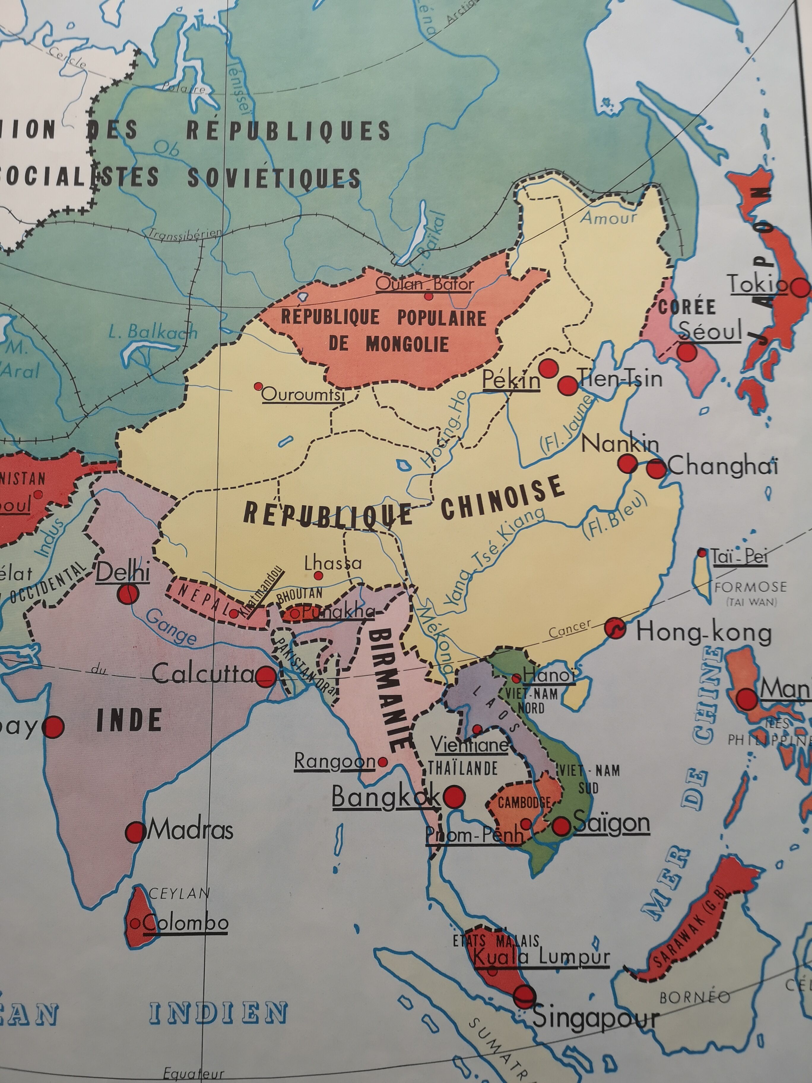 Old vintage school poster Rossignol Asia and America