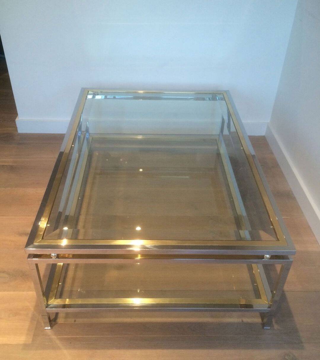 Table basse à double plateau en chrome et laiton